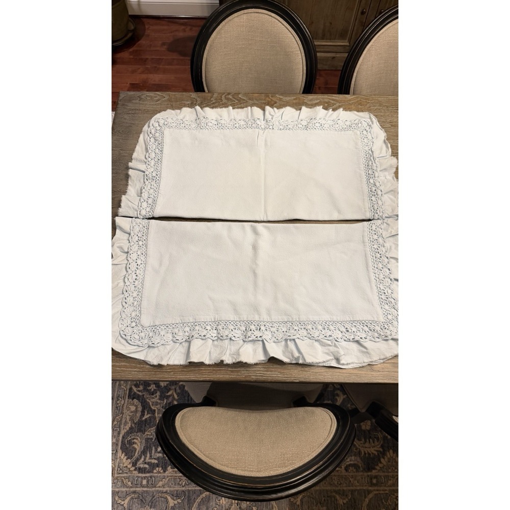 PiuBelle 2 Cotton Euro Shams 26" Sq Blue Ruffled Crochet Portugal Fringe EUC